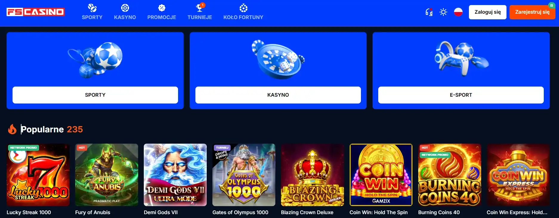 FS Casino interfejs głównej strony